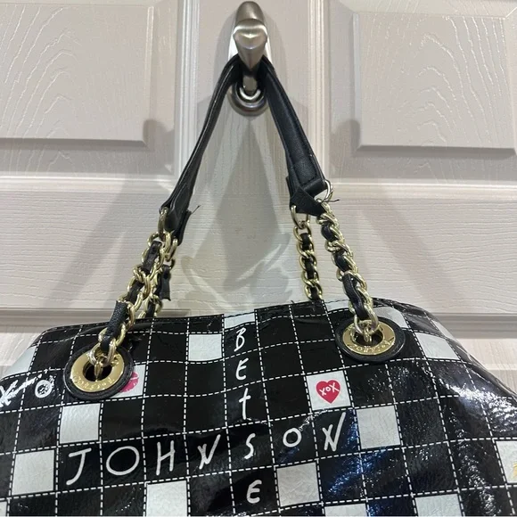 Black and White Scrabble Board Checkered Tote Bag Betsy Johnson - Picture 3 of 8